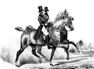 Aubert, 1842, Paris 'ten Equitation des Dames adlı eski kitaptaki iki atlı.