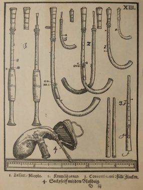 Trompetler, eski kitaptaki çeşitli antik müzik enstrümanları Nauman 'ın tarihi, 1897, St. Petersburg