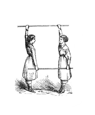 Orgelbrand, 1890, Warszawa 'dan Ancyklopedya Medycyny' nin eski kitabındaki iki tahtayı kullanarak kol egzersizleri.