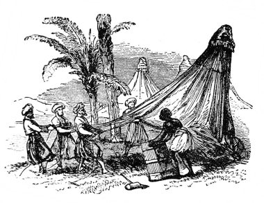 Araplar eski kitap Atlas de la Bible 'da çadır kuruyorlar. Fillion, 1883, Paris.