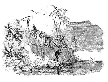 Shaduf, Fillion 'un eski kitabı Atlas de la Bible' de (1883, Paris) su çizmek için kullanılan bir araçtır.