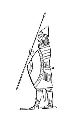 Fillion, 1883, Paris 'in eski kitabı Atlas de la Bible' da mızraklı Suriyeli savaşçı.