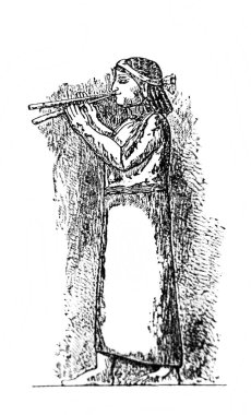 Fillion 'un eski kitabı Atlas de la Bible' da çift flüt çalan Asurlu kadın, 1883, Paris