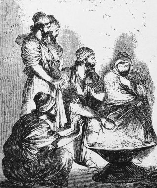 Erkekler kendilerini Fillion 'un eski kitabı Atlas de la Bible' de mangal yaparken ısıtırlar. 1883, Paris.