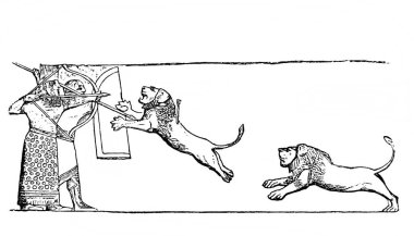 Asur kralı, Fillion 'un eski kitabı Atlas de la Bible' de aslanları avlar, 1883, Paris