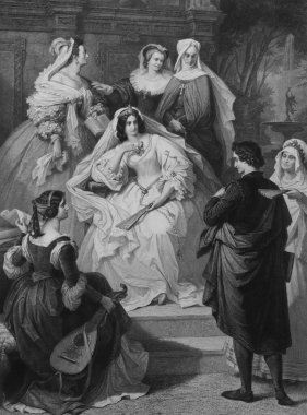 Bir melek, eski kitap Les Femmes de Goethe 'de bir adama taç takıyor. Yazan: Kaulbach, 1872, Bruxelles.