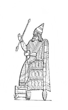 Kral Sennacherib, Fillion 'un eski kitabı Atlas de la Bible' da tahtta oturuyor. 1883, Paris.