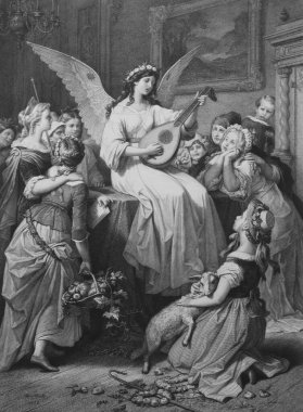 Eski kitap Les Femmes de Goethe 'deki binanın önündeki kız, Kaulbach, 1872, Bruxelles