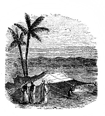 Araplar çadırın önünde eski bir kitap olan Atlas de la Bible, Fillion, 1883, Paris