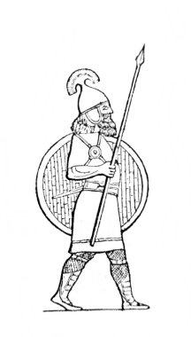 Fillion, 1883, Paris 'in eski kitabı Atlas de la Bible' da mızraklı Suriyeli savaşçı.