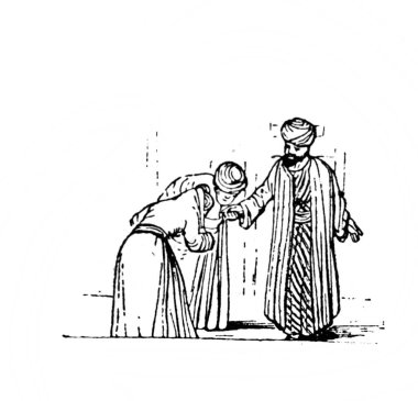 Hizmetçiler, Fillion 'un eski kitabı Atlas de la Bible' de, 1883 'te Paris' te ellerini öperek patronu selamlıyorlar.