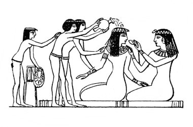 Hizmetçiler, Fillion, 1883, Paris 'in Atlas de la Bible adlı eski kitabında Mısırlı bir kadının üzerine parfüm dökerler.