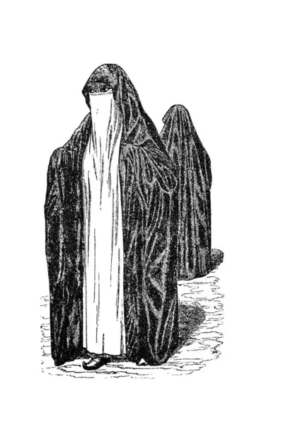 Suriyeli kadınlar beyaz peçe ve pelerinle kaplı eski kitap Atlas de la Bible tarafından Fillion, 1883, Paris