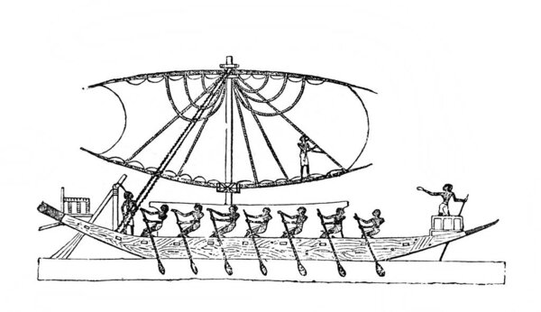 Boat sailing on the Nile in the old book Atlas de la Bible by Fillion, 1883, Paris