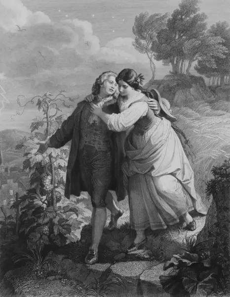 Eski kitap Les Femmes de Goethe 'deki kuşları ve güvercinleri besliyor. Yazan: Kaulbach, 1872, Bruxelles