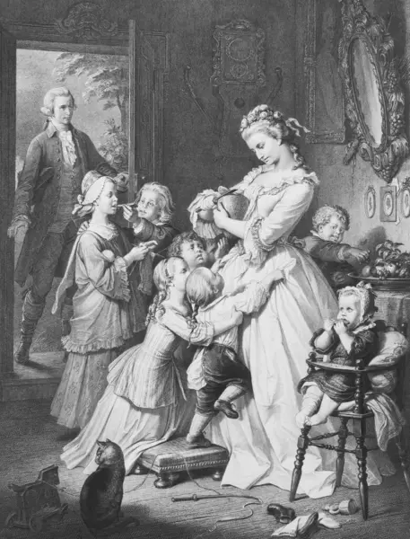 Kız, eski kitap Les Femmes de Goethe 'deki çocuk için üzülüyor. Yazan Kaulbach, 1872, Bruxelles