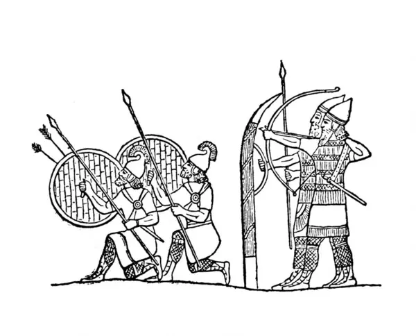 Asurlular, Fillion, 1883, Paris 'teki Atlas de la Bible adlı eski kitapta büyük ve küçük bir kalkanın arkasına saklandılar.