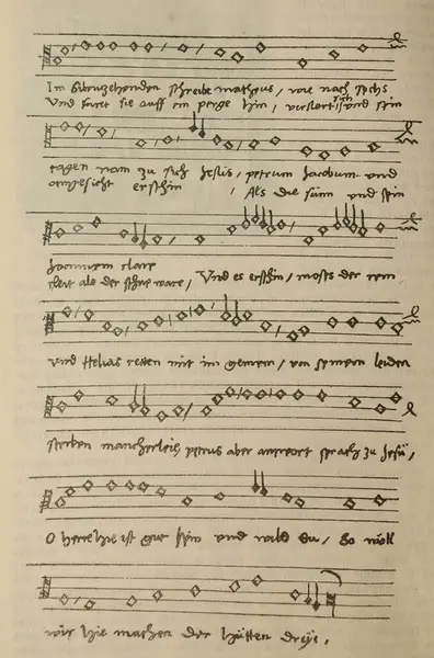 stock image Music manuscript by Hans Sachs in the old book the History of Music, by Nauman, 1897, St. Petersburg