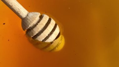 Tahta bal kaşığından batırılmış sağlıklı organik bal, yakın plan..