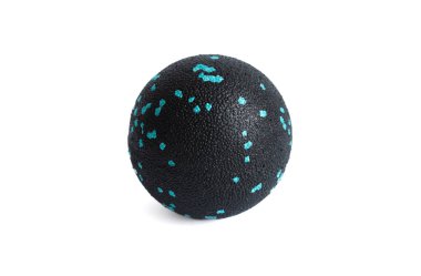 Tetik noktaları için mavi noktalı siyah topa masaj yap. Beyaz arka planda izole edilmiş. Miyofasyal tahliye kavramı.