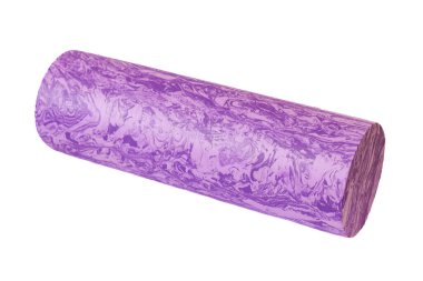 Beyaz arka planda izole edilmiş mor masaj köpüğü. Yakın plan. Köpük yuvarlama, kendi kendine miyofasiyal çıkış tekniğidir. Fitness ekipmanı kavramı.