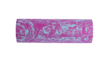 Beyaz arka planda izole edilmiş mavi pembe masaj köpüğü. Yakın plan. Köpük yuvarlama, kendi kendine miyofasiyal çıkış tekniğidir. Fitness ekipmanı kavramı.