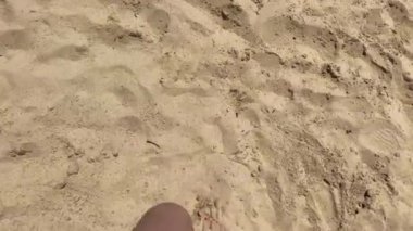 Çıplak ayaklı dişi bacaklar, deniz suyuyla kaplanmış kum dokusunda izole edilmiş..