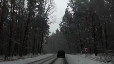 Karlı havada, kır yolunda bir araba. Kış mevsiminde ormanın ortasındaki yol. Donmuş orman ve lüks sedan boyunca yol.