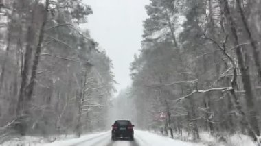 Karlı havada, kır yolunda bir araba. Kış mevsiminde ormanın ortasındaki yol. Donmuş orman ve lüks sedan boyunca yol.