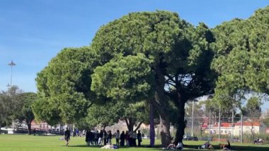 Lizbon, Portekiz - 23 Şubat 2025 Lizbon 'daki Jardim da Torre de Belem' de güneşli bir gün. Bereketli yeşil park, büyük çam ağaçları ve açık havayı seven insanlar rahatlatıcı ve manzaralı bir atmosfer yaratıyor.