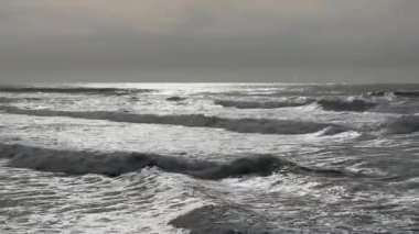 Dalgalar Praia da Costa Nova 'da kasvetli gökyüzünün altında ritmik olarak çarpışıyor. Titreyen okyanus yüzeyi Atlantik kıyısının ham ve evcilleştirilmemiş enerjisini yansıtır..