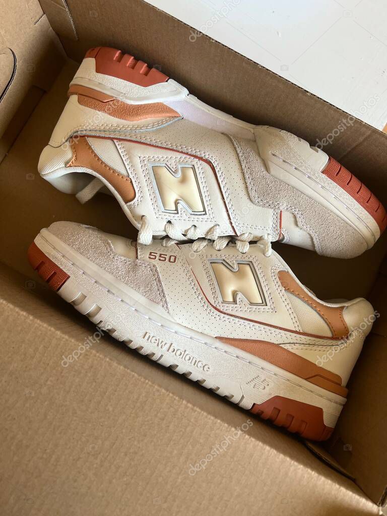 Kyiv, Ukraine - November 9, 2022: New balance shoes model 550 in the carton box on white background.