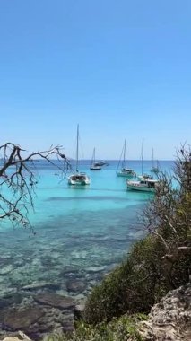İspanya 'nın Menorca kentindeki Cala Macarella plajı yakınlarındaki kristal berrak turkuaz sularda yüzen tekneler, büyüleyici uçurumlar ve yemyeşil ağaçlarla çevrili, pitoresk bir Akdeniz cenneti yaratıyor..