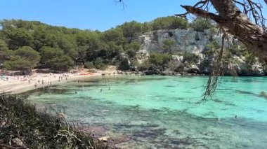 Menorca 'daki Cala Macarella sahilinin kristal berraklığında turkuaz suları. Etrafı çam ağaçları ve kayalık kayalıklarla çevrili. Huzurlu körfezde demirli tekneler var..