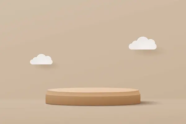 Pastel kahverengi gerçekçi 3d podyum kağıt sanat tarzı ve beyaz kağıt bulutları kesiyor. Vektör illüstrasyonu 