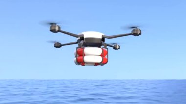 İnsansız hava aracı denizin üzerinde uçuyor hayat şamandıraları taşıyor.