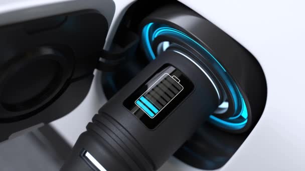 蓝光充电白色电动车黑色插头的截图 — 图库视频影像