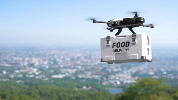 Drohne Liefert Essen Hintergrund Der Stadt — Stockvideo