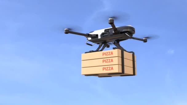 青い空を飛ぶドローンはピザの箱を運ぶ — ストック動画