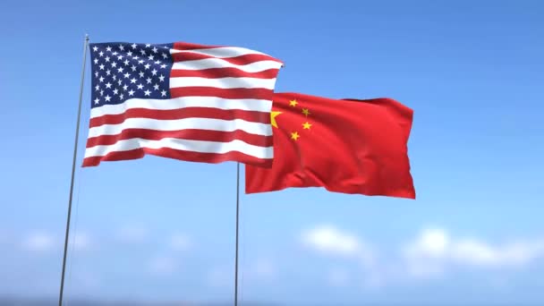 Viftande Flaggor Usa Och Kina Blå Himmel Bakgrund — Stockvideo
