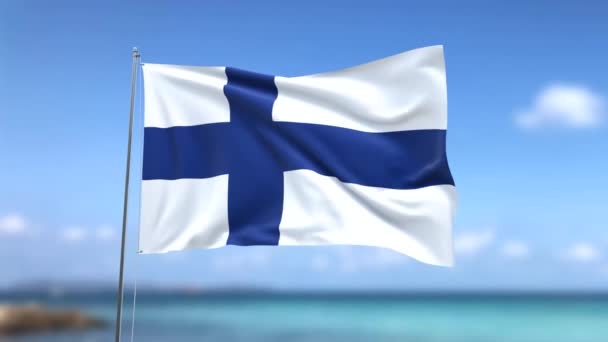Machająca Flaga Finlandii Tle Błękitnego Nieba — Wideo stockowe