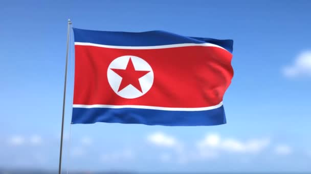 Zwaaiende Vlag Van Noord Korea Blauwe Lucht Achtergrond — Stockvideo