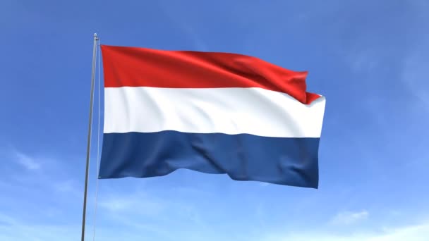 Zwaaiende Vlag Van Het Nederlands Blauwe Lucht Achtergrond — Stockvideo