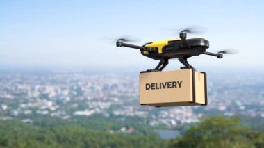 Drone delivery, flying copter above city in sky 