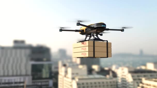 ドローンはピザボックスを配達空の街の上の空を飛ぶコッパー — ストック動画