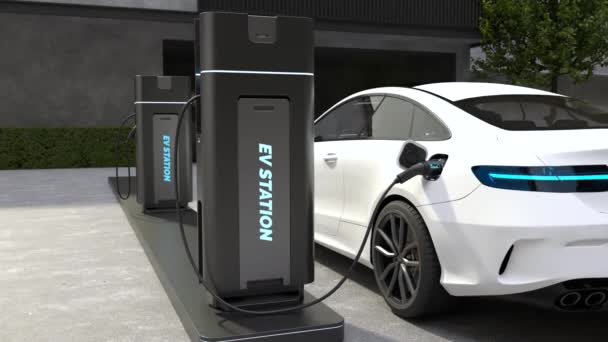 充电站的白色未来主义电动车 — 图库视频影像