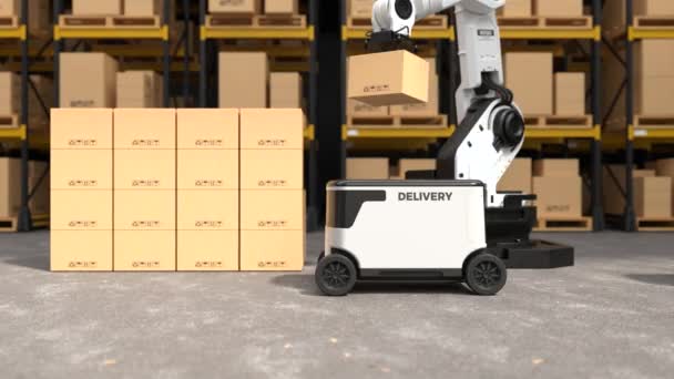 ロボットアームは箱を取り上げます自律 ロボットは商品を提供しています 自律配信は ロボットです 輸入と物流 — ストック動画