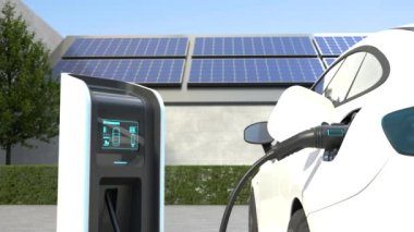 Elektrikli araba Ev şarj istasyonundaki bataryayı şarj ediyor. 3B illüstrasyon