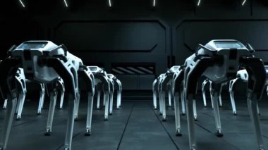 Robot bir kol fabrikada robot bir köpek monte ediyor. 