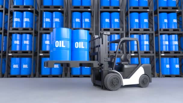 Вилочный Погрузчик Поднимает Нефтяной Бак Складе — стоковое видео